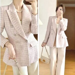 Zara Pink Tweed Double-Breasted Blazer